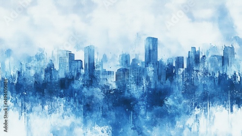 Blue Cityscape Watercolor Skyline  Urban Art Painting