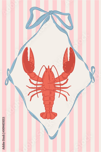Vector illustration in doodle style. Illustration of elegant lobster framed with ribbons,on striped background. Poster sketch in dolce vita style.