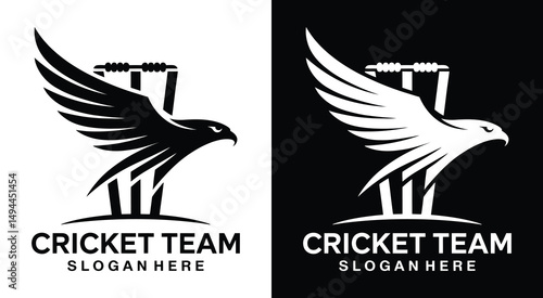 Cricket Team Logo Bold Black Stumps and Falcon Design for Competitive Speed