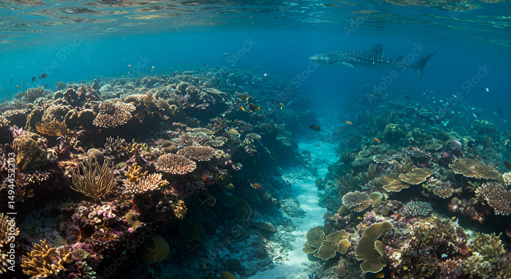 Fototapeta premium Exploring underwater paradise: vibrant coral reef ecosystem with whale shark