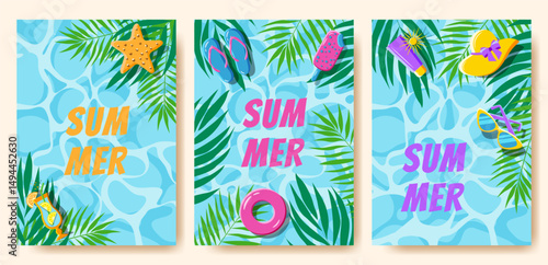Summer Background with Tropical Leave, Cartoon Beach Icon on Pool Water and with Space for Text. Colorful Trendy Travel Card Set for Invitation, Sale, Greeting, Holiday Party, Festival. Vector Banner.