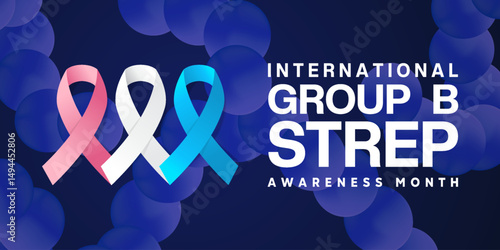 July is International Group B Strep Awareness Month. Ribbon and bacteria. Great for posters, banners and social media. Dark background.