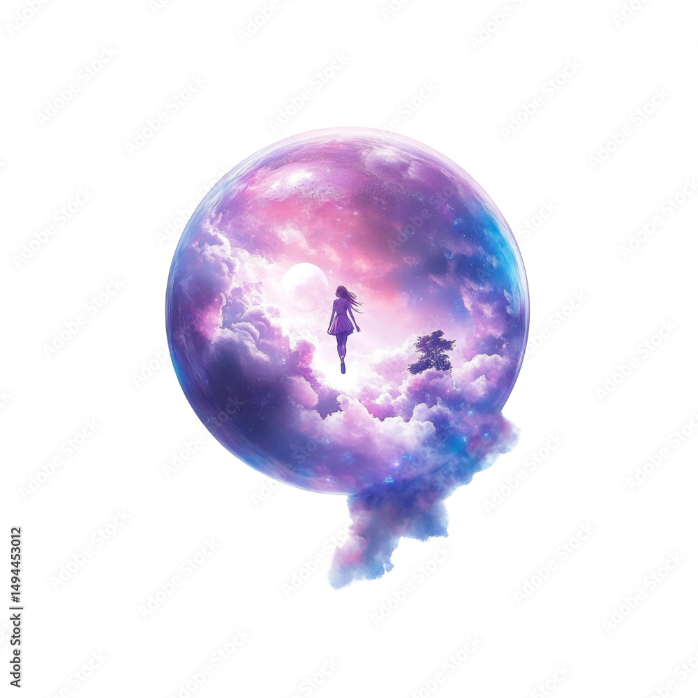 Obraz premium Dreamlike Girl Walking on Clouds Inside a Purple Sphere