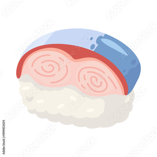 Colorful Sushi Roll Illustration with Rice, Fish, and Seaweed on a White Background