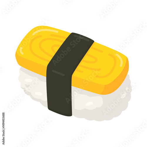 Isometric Illustration of Tamago Sushi with Rice and Seaweed on a White Background