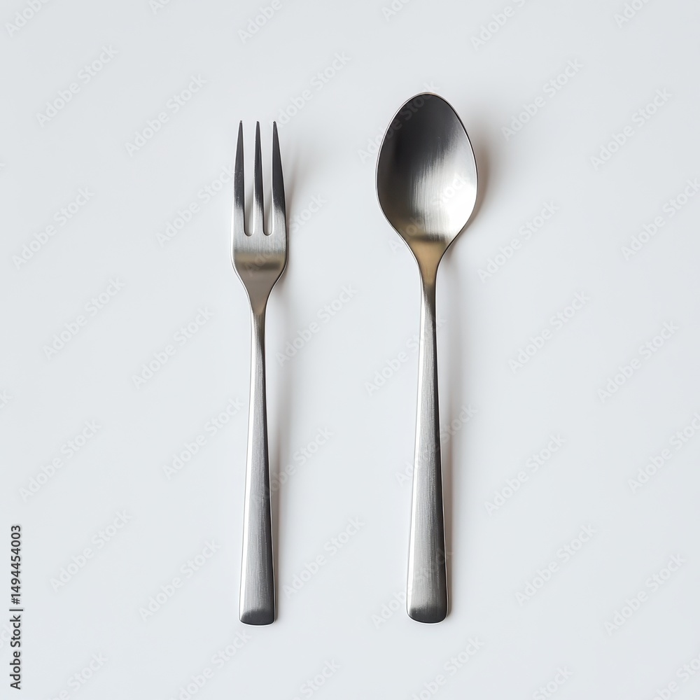 A minimalist flatlay showcasing a dark-grey metal spoon and fork on a bright white background. The utensils have straight, simple handles A minimalist flatlay showcasing a dark-grey metal spoon and fork on a bright white background. The utensils have straight, simple handles