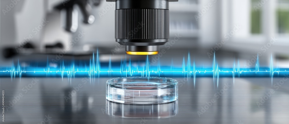 A laboratory microscope focuses on a petri dish with a digital soundwave overlay, symbolizing scientific analysis and innovation. A laboratory microscope focuses on a petri dish with a digital soundwave overlay, symbolizing scientific analysis and innovation.