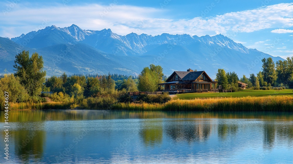 Fototapeta premium Scenic lakeside cabin retreat nestled against majestic mountain backdrop
