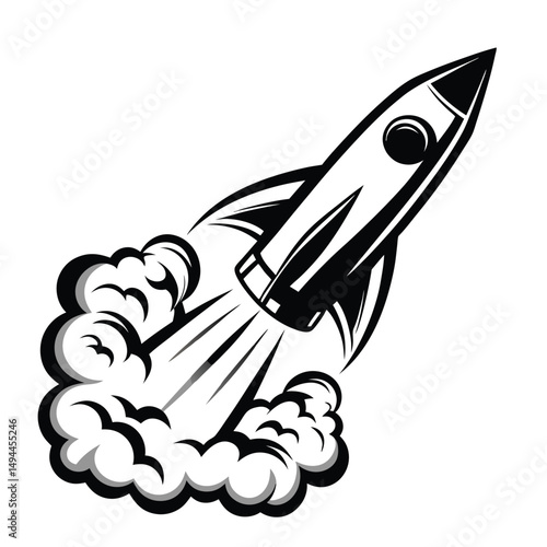 Rocket Launching with Smoke Trail, Black and White Isolated Spacecraft Illustration
