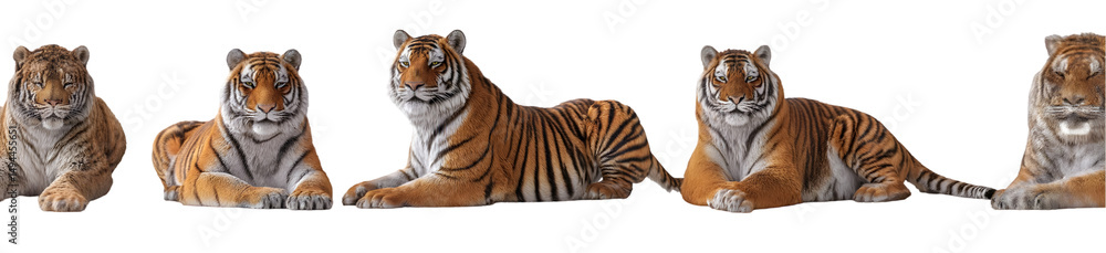 Obraz premium Five tigers lying down against black background