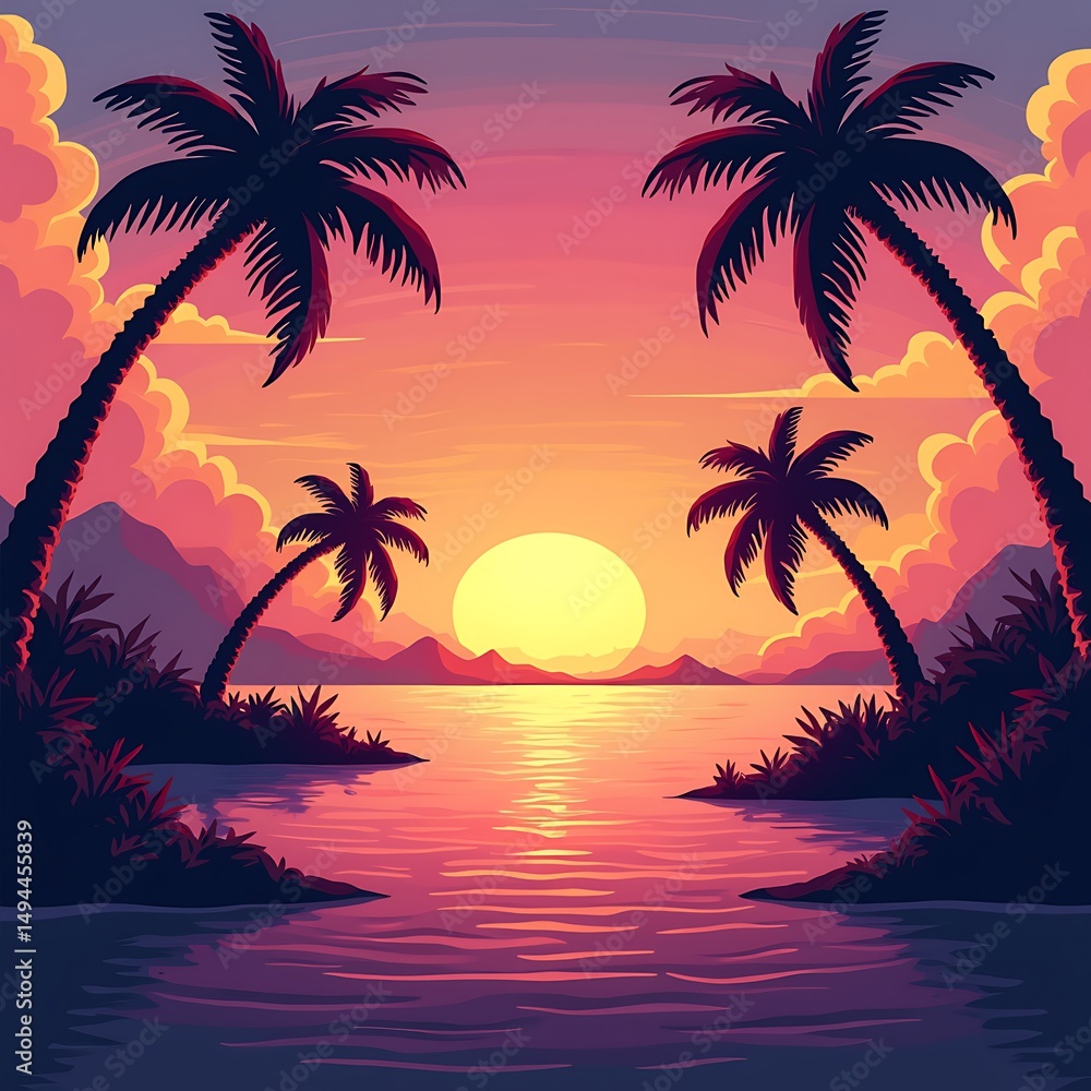 Sunset Paradise: Tropical Beach Scene with Palm Trees and Ocean Sunset Paradise: Tropical Beach Scene with Palm Trees and Ocean