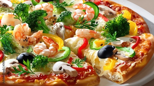 Delicious Seafood Pizza with Fresh Vegetables and Savory Toppings