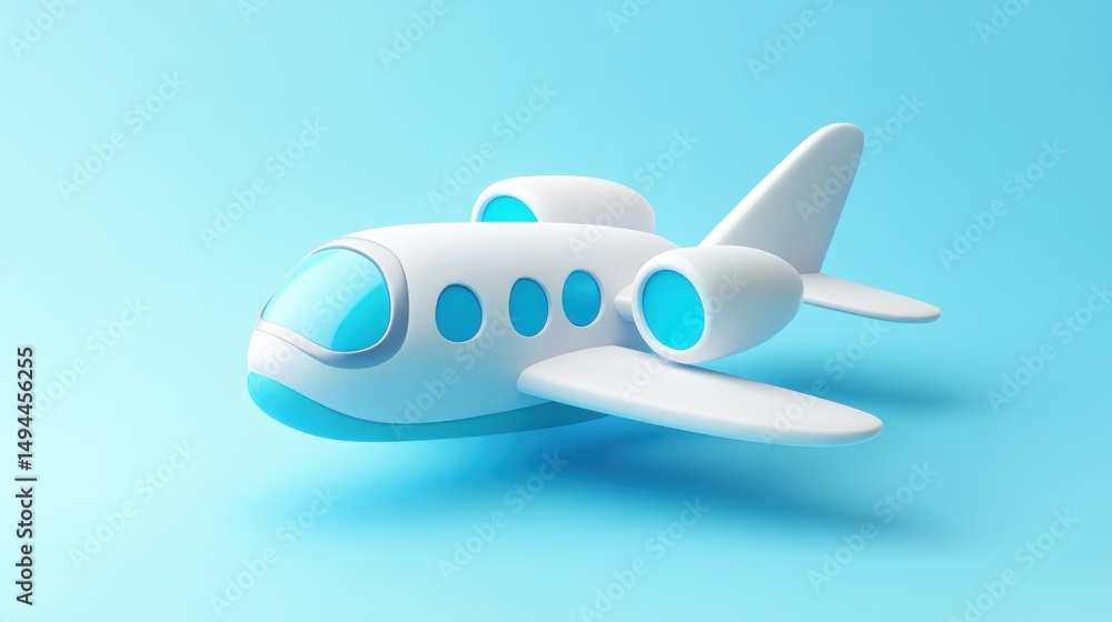 Fototapeta premium Cartoon airplane in flight on blue background depicting travel and transportation