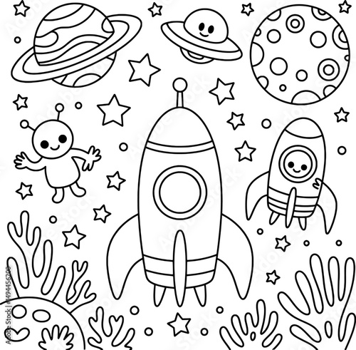 Cute space coloring page rockets aliens planets stars