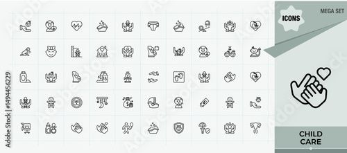Child Care vector icon set. Minimalist icons collection. Babies Care vector line icon set. Contains outline symbols like kid, feeding, health, newborn, child, babies care and more.