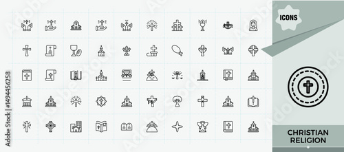 Christian Religion vector line icon set. Spirit icon set. Web icons pack. Included christ, christianity, spirit, faith, easter, prayer and more. Vector illustration.