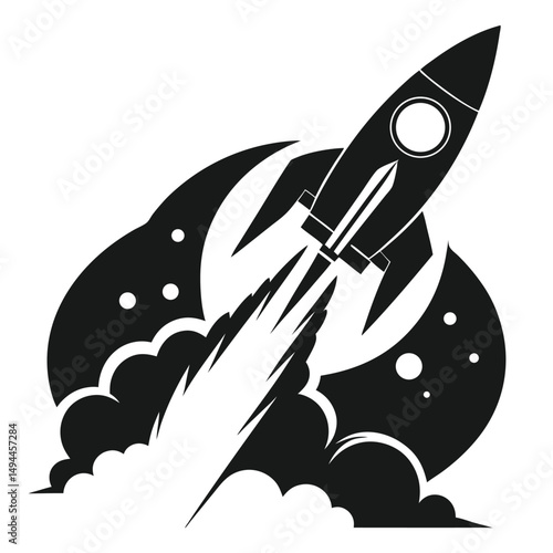 Black and White Silhouette Rocket Launching with Smoke Trail in the Starry Sky
