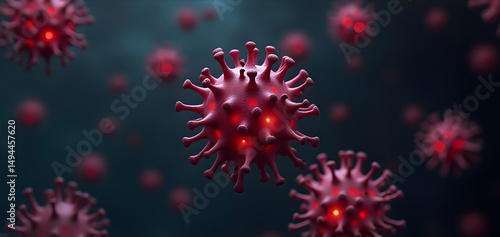 Icosahedral virus with sharp star-like extensions glows red, dominating microscopic frame with shallow depth of field.
