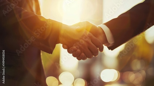 A close up of two people shaking hands in front of a bright and blurred background at golden hour
