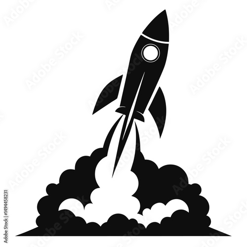 Black Silhouette Rocket Launching with Smoke Trail on White Background, Minimalist Icon