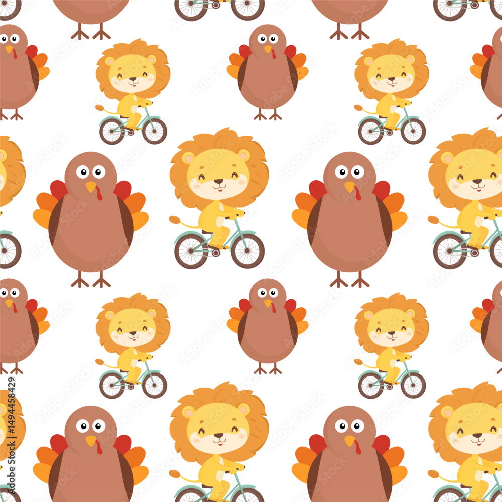 Fototapeta premium Seamless cartoon pattern with cute lions riding bicycles and red birds walking beside them on a white background in playful children’s style