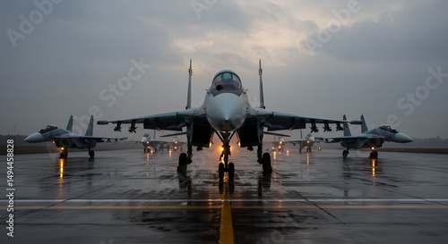 Military jet aircraft formation on a wet runway.