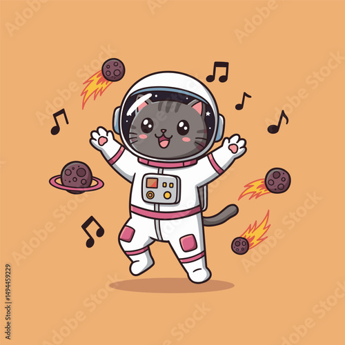 Kawaii space cat waving with excitement.