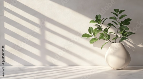 Minimalist scene  White vase with green plant sits on a light surface against a textured wall, sunlit with window slat shadows