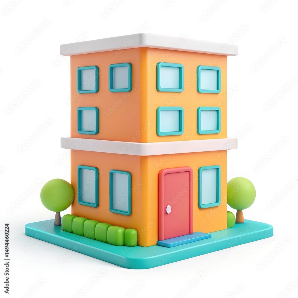 Fototapeta premium Cartoon two story building with trees and landscaping