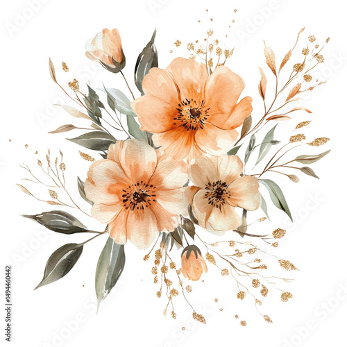 Floral Arrangement Isolated on Transparent Background Watercolor Peach Flowers with Green and Golden Leaves Wedding Bouquet Invitation Design