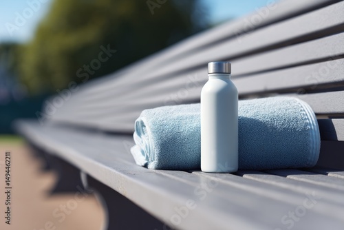 Fototapeta Naklejka Na Ścianę i Meble -  Fresh towel and bottle on bench create refreshing atmosphere for