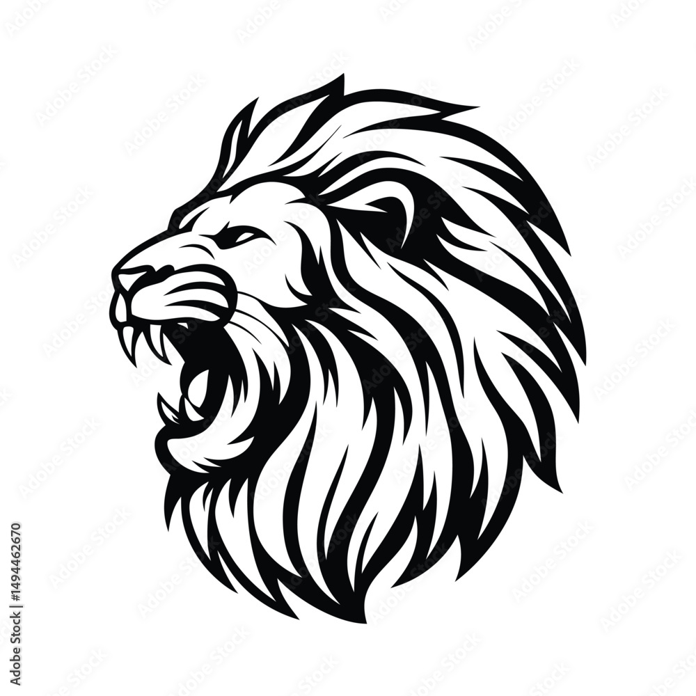 Roaring Lion Head Black and White with Aggressive Mane and Open Mouth Roaring Lion Head Black and White with Aggressive Mane and Open Mouth