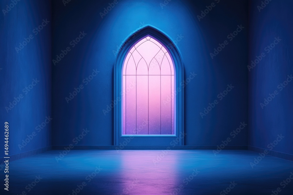 Gothic arch window casting enchanting colors in tranquil, dark r Gothic arch window casting enchanting colors in tranquil, dark r