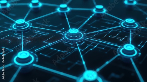 Futuristic blockchain network with glowing nodes and connections.