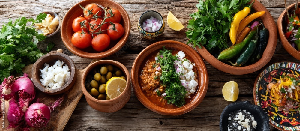 Rustic Mexican Food Preparation with Fresh Ingredients on Wooden Table Rustic Mexican Food Preparation with Fresh Ingredients on Wooden Table