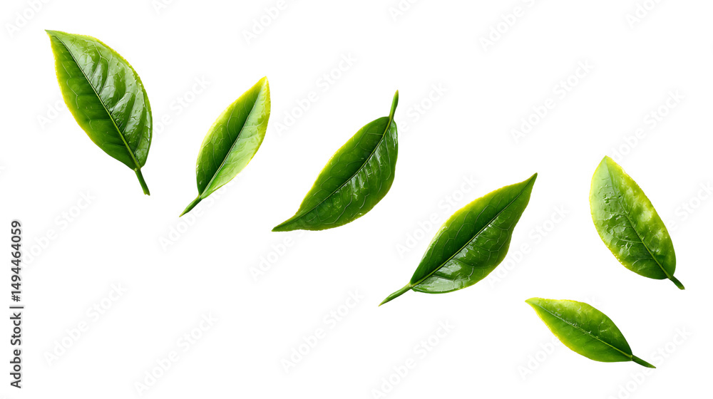 Floating Green Tea Leaves on Transparent Background, PNG Floating Green Tea Leaves on Transparent Background, PNG
