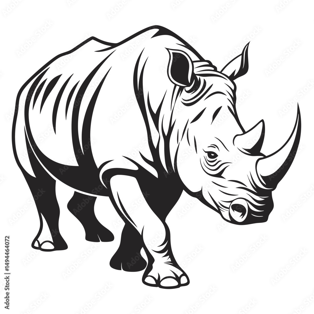 Fototapeta premium Strong Rhinoceros Outline, Black and White of African Wildlife Isolated
