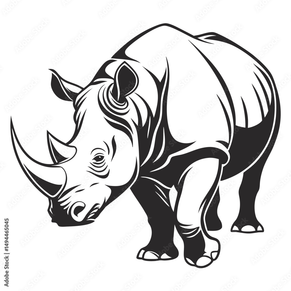 Fototapeta premium Bold Black & White Rhino Powerful Wildlife Silhouette with Horns & Thick Skin
