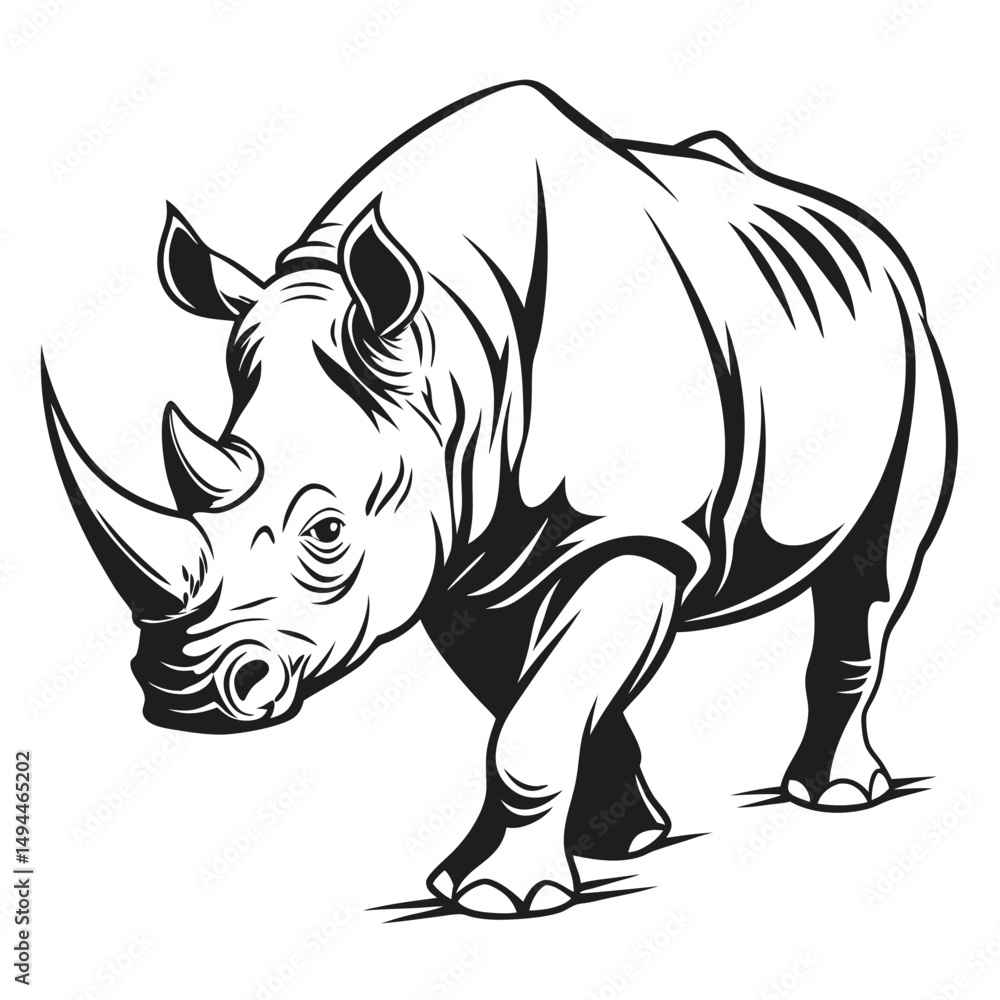 Obraz premium Monochrome of Walking Rhinoceros with Bold Lines and Detailed Textures