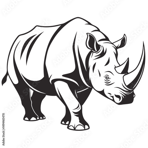 Black and White Rhino Monochrome Wild Animal Graphic, Horned Creature