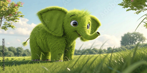 a bright green furry baby elephant with big eyes