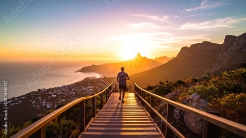 Man Running Up Stairs At Sunset Over Mountains