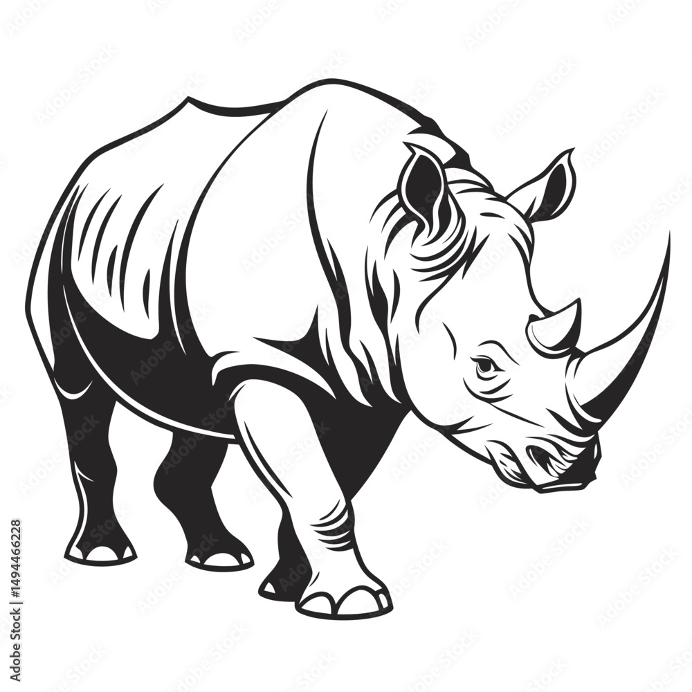 Fototapeta premium Strong Black Silhouette of Walking Rhinoceros, Wildlife on White Background