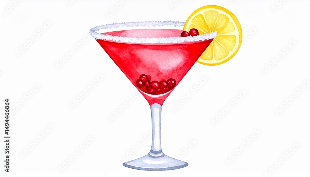 Pomacello martini cocktail with lemon slice and sugar rim. Watercolor illustration Pomacello martini cocktail with lemon slice and sugar rim. Watercolor illustration