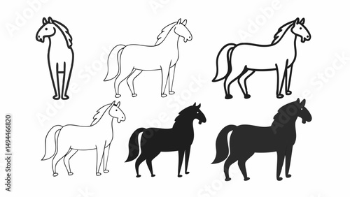 Illustration of six horses in different styles and colors on a white background in a cartoonish style created with generated ai