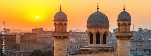 Cairo minarets silhouetted against a vibrant sunrise.