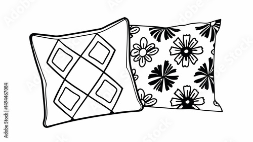Two decorative pillows with geometric and floral patterns in black and white line art style design created with generated ai