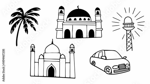 Illustration of a palm tree, two mosques, a car, and a lighthouse in black and white outline created with generated ai