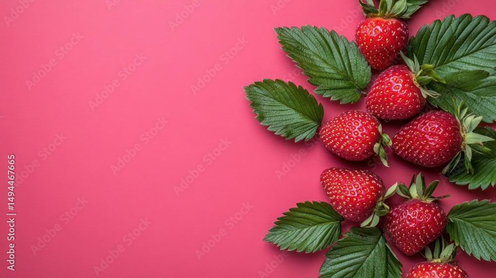 Fresh strawberries with green leaves on a pink background. Fresh strawberries with green leaves on a pink background.