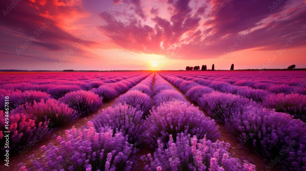 Obraz premium Purple lavender field at sunset, vibrant colors, peaceful landscape.